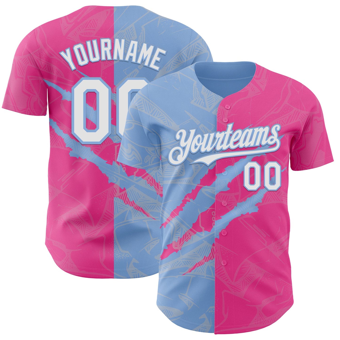 Custom Graffiti Pattern White Pink-Light Blue 3D Scratch Authentic Baseball Jersey - Main View