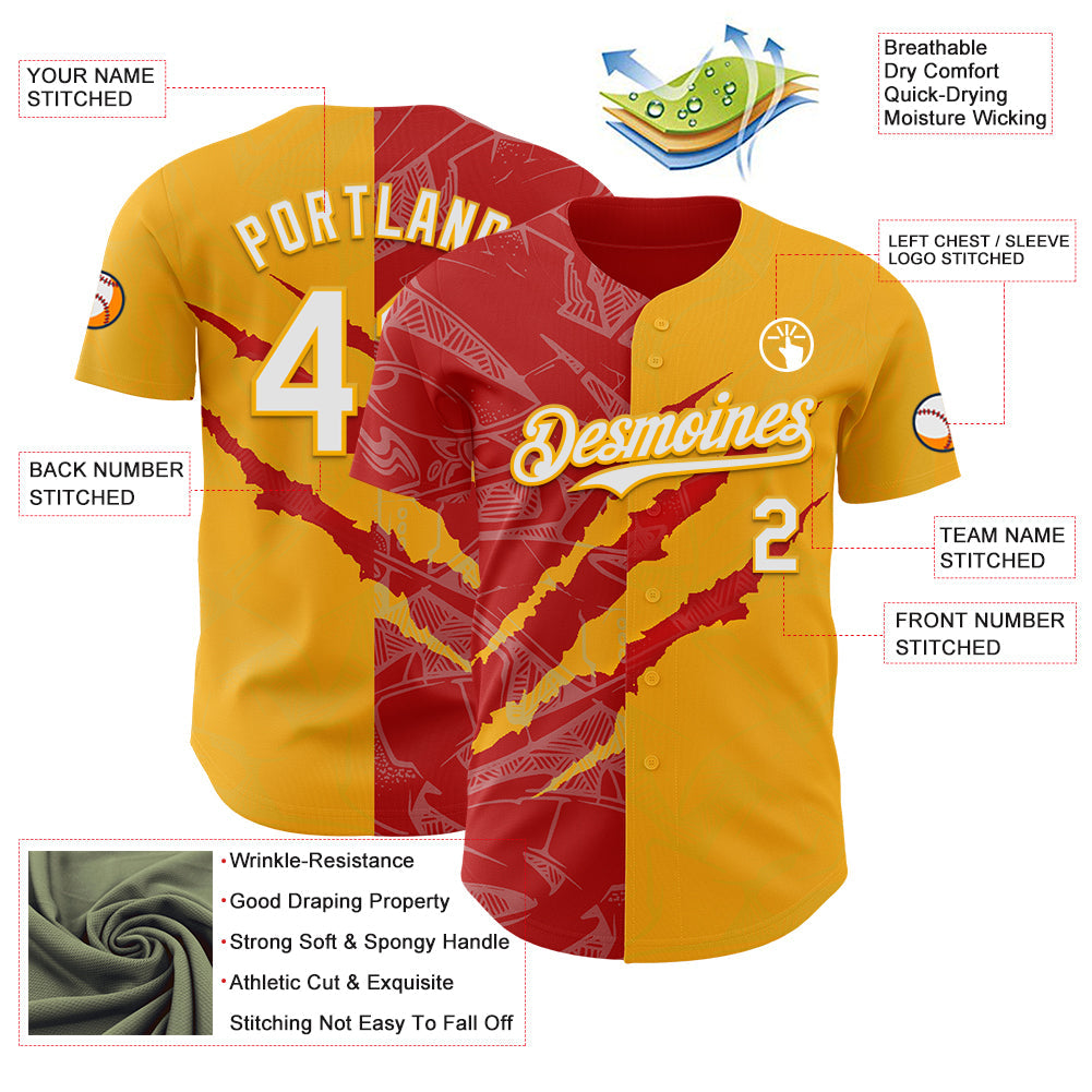 Custom Graffiti Pattern White Gold-Red 3D Scratch Authentic Baseball Jersey view 3