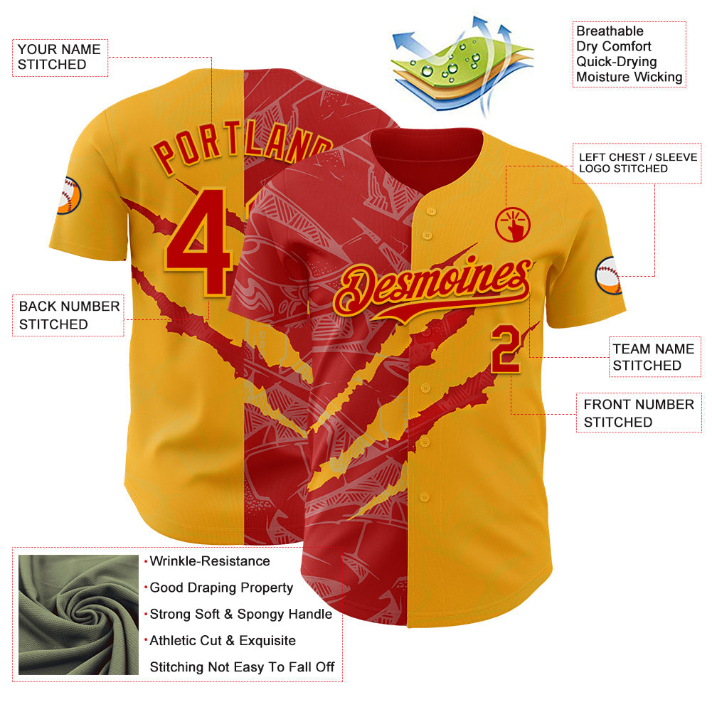 Custom Graffiti Pattern Red-Gold 3D Scratch Authentic Baseball Jersey view 3