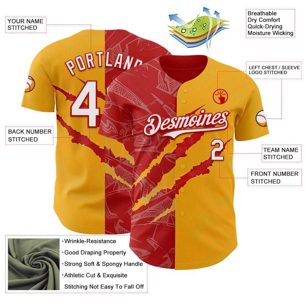 Custom Graffiti Pattern White Gold-Red 3D Scratch Authentic Baseball Jersey view 3