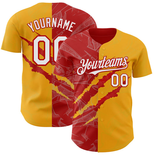 Custom Graffiti Pattern White Gold-Red 3D Scratch Authentic Baseball Jersey - Main View