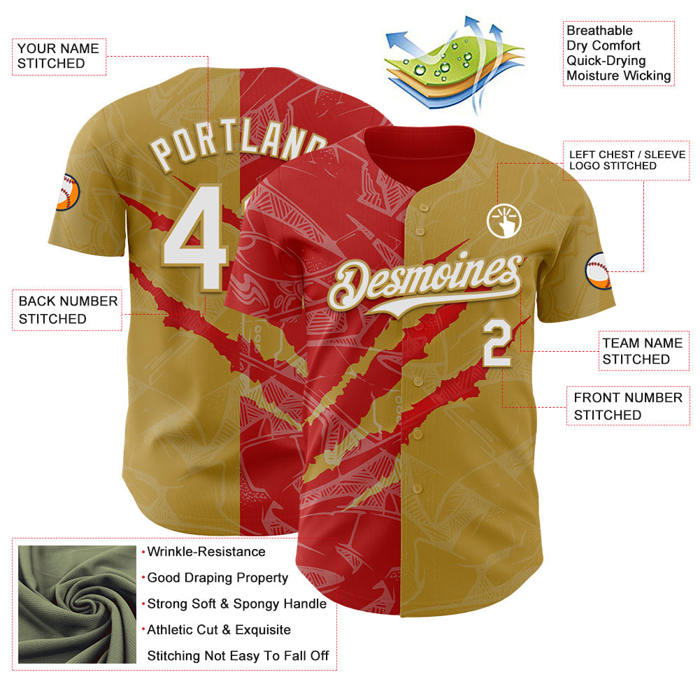 Custom Graffiti Pattern White Old Gold-Red 3D Scratch Authentic Baseball Jersey view 3
