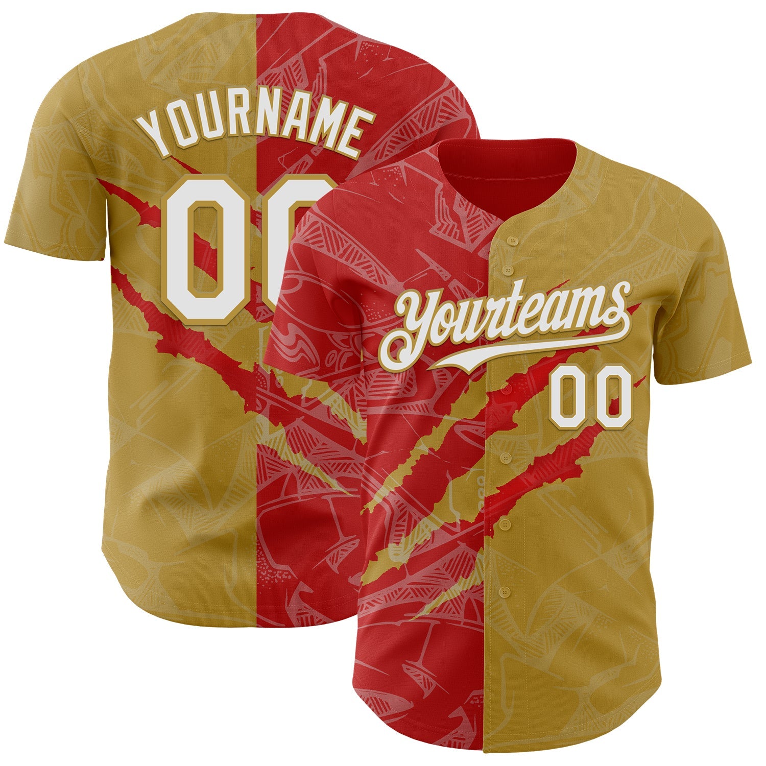 Custom Graffiti Pattern White Old Gold-Red 3D Scratch Authentic Baseball Jersey - Main View
