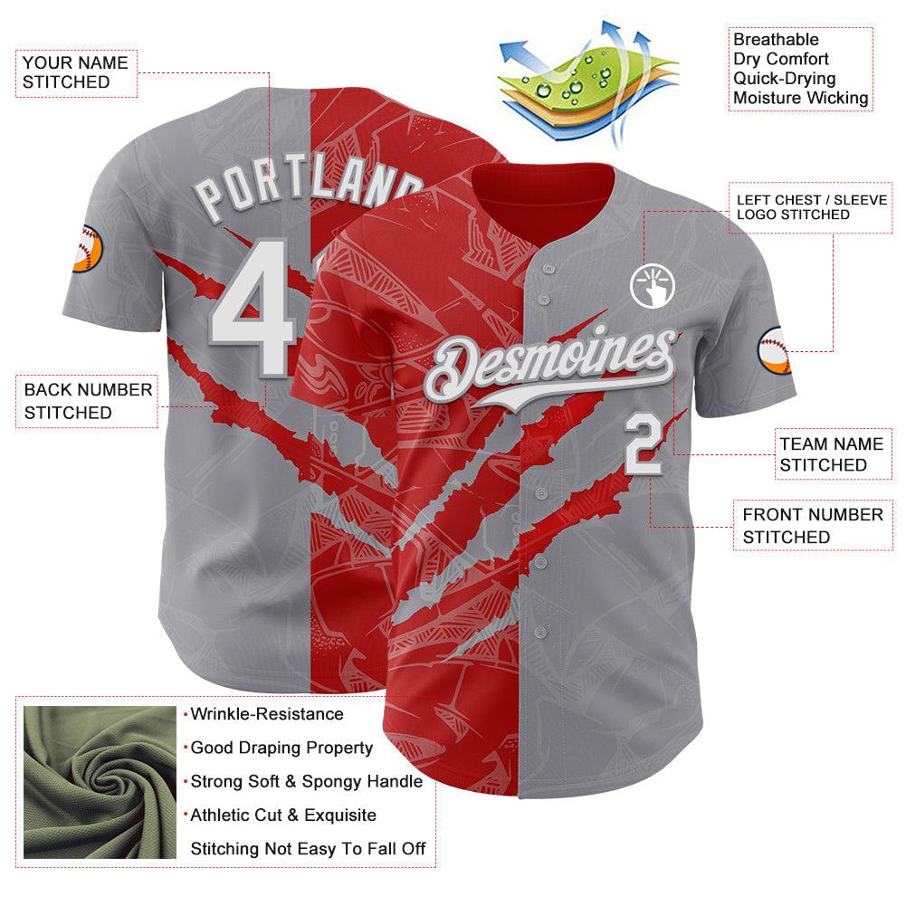 Custom Graffiti Pattern White Gray-Red 3D Scratch Authentic Baseball Jersey view 3