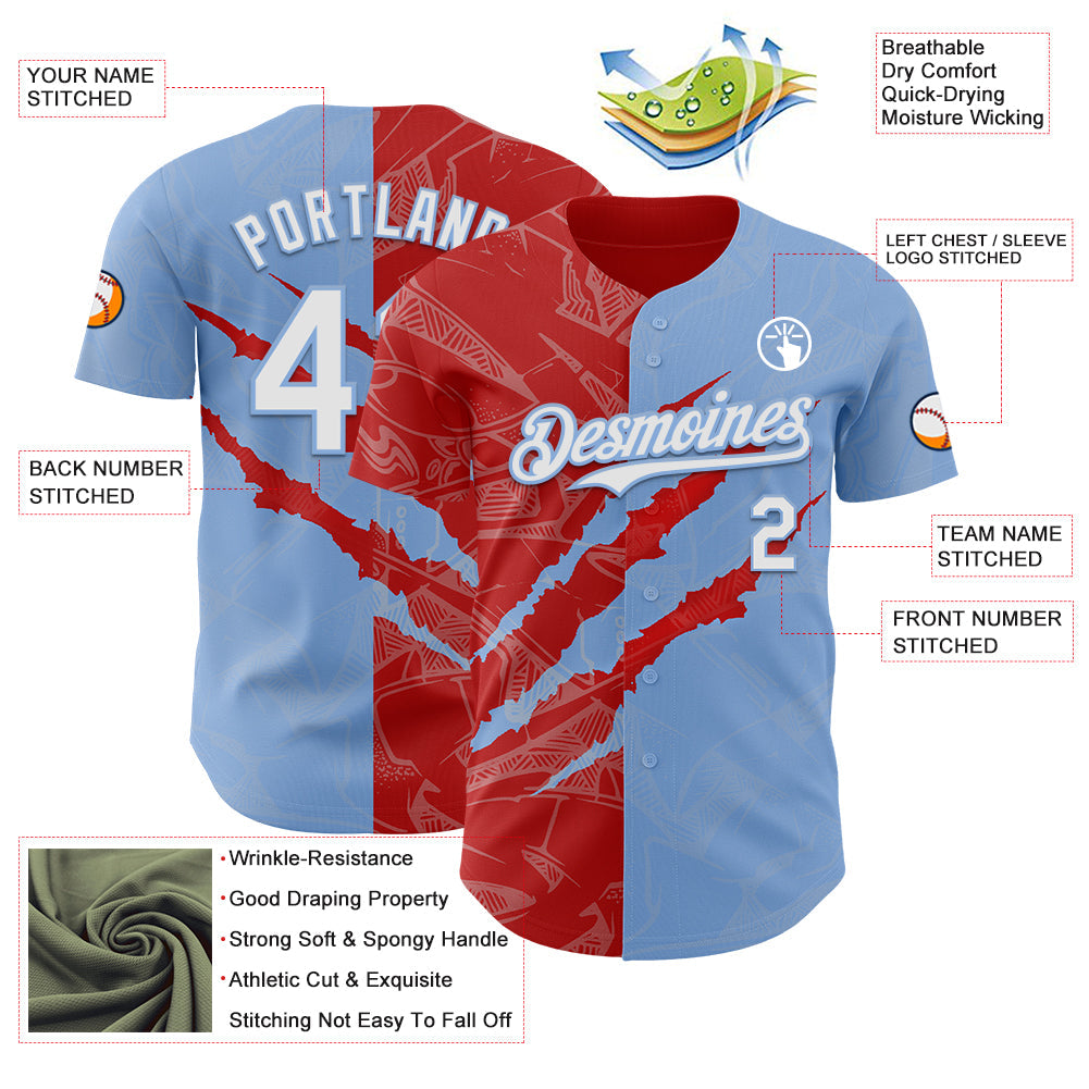 Custom Graffiti Pattern White Light Blue-Red 3D Scratch Authentic Baseball Jersey view 3