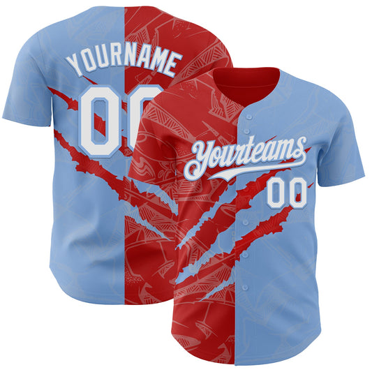 Custom Graffiti Pattern White Light Blue-Red 3D Scratch Authentic Baseball Jersey - Main View