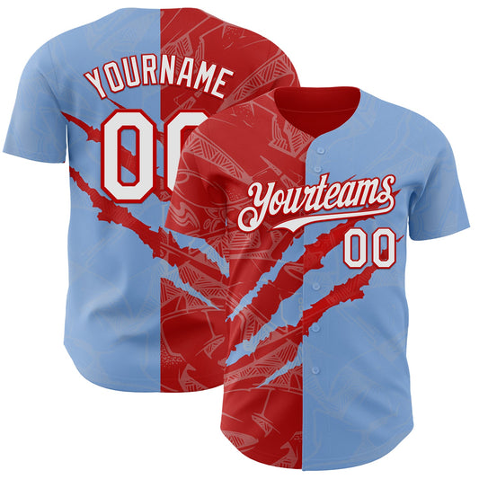 Custom Graffiti Pattern White Light Blue-Red 3D Scratch Authentic Baseball Jersey - Main View