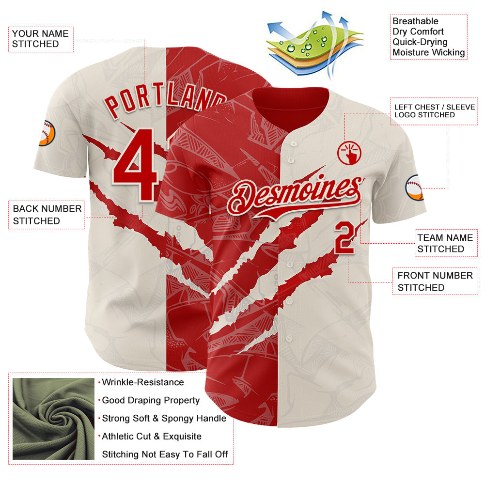 Custom Graffiti Pattern Red-Cream 3D Scratch Authentic Baseball Jersey view 3