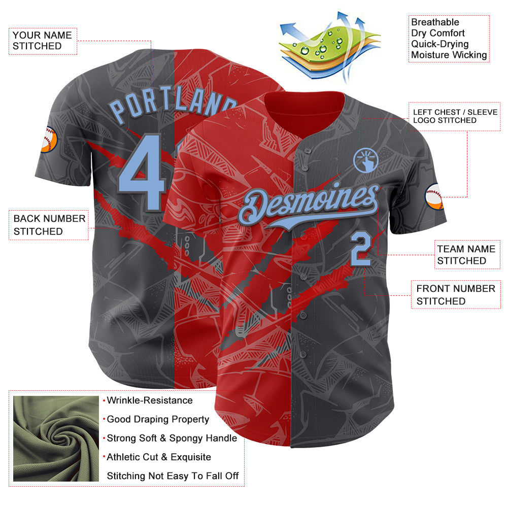 Custom Graffiti Pattern Light Blue Steel Gray-Red 3D Scratch Authentic Baseball Jersey view 3