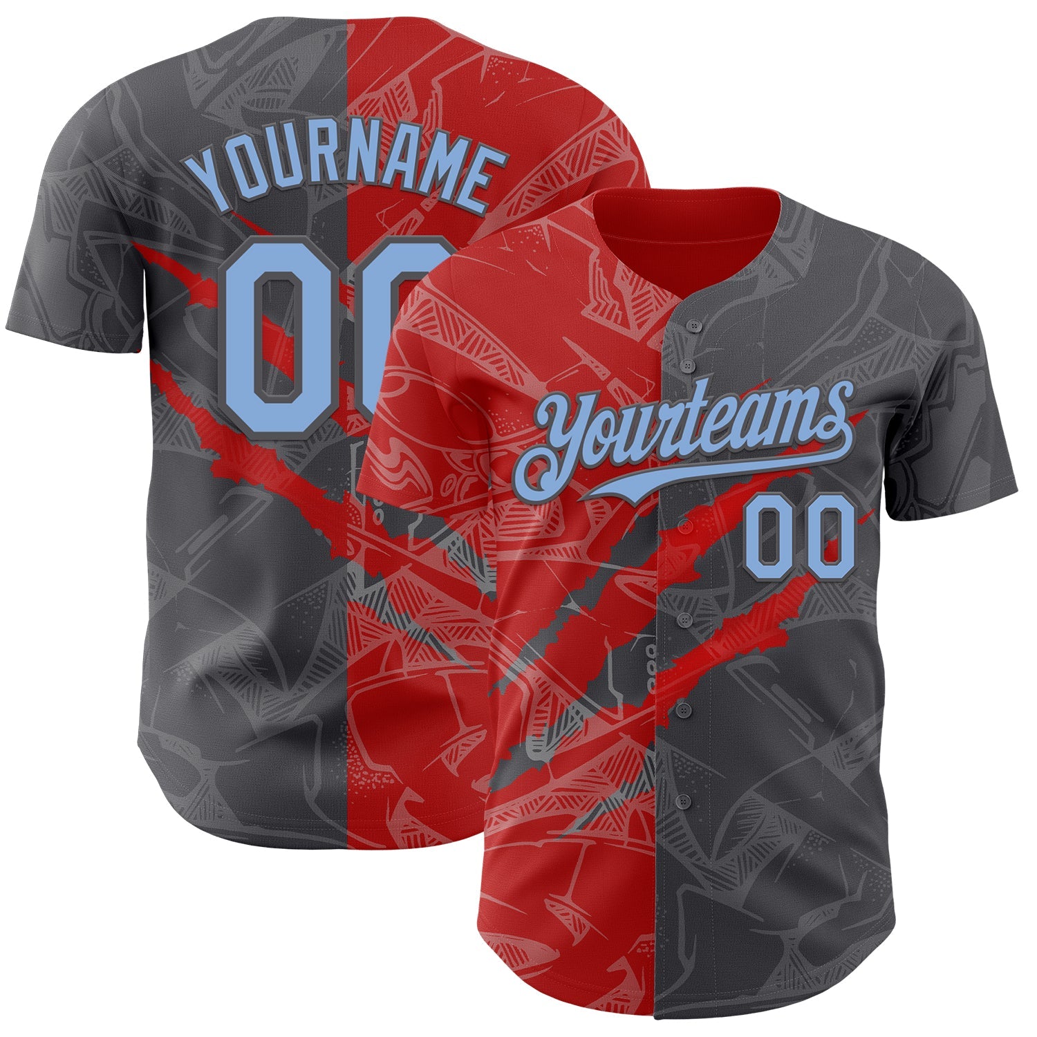 Custom Graffiti Pattern Light Blue Steel Gray-Red 3D Scratch Authentic Baseball Jersey - Main View