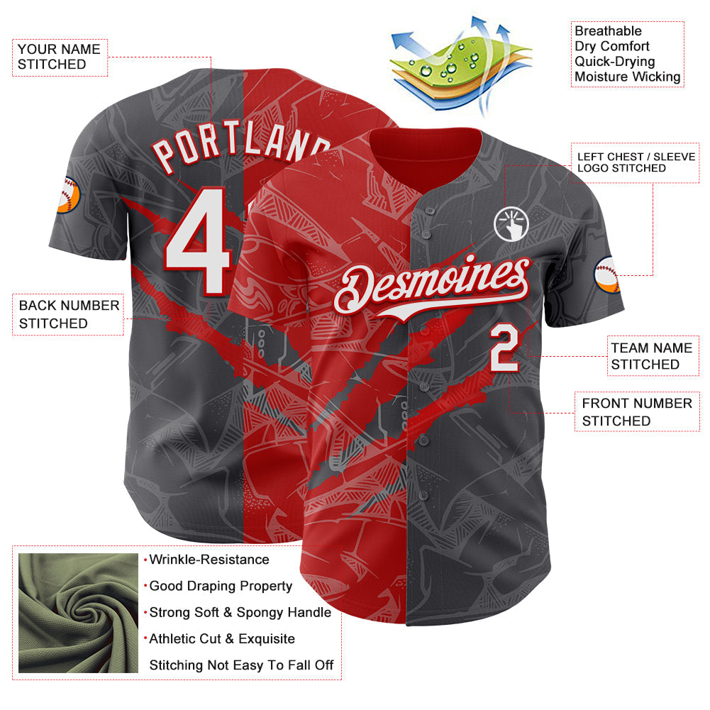 Custom Graffiti Pattern White Steel Gray-Red 3D Scratch Authentic Baseball Jersey view 3