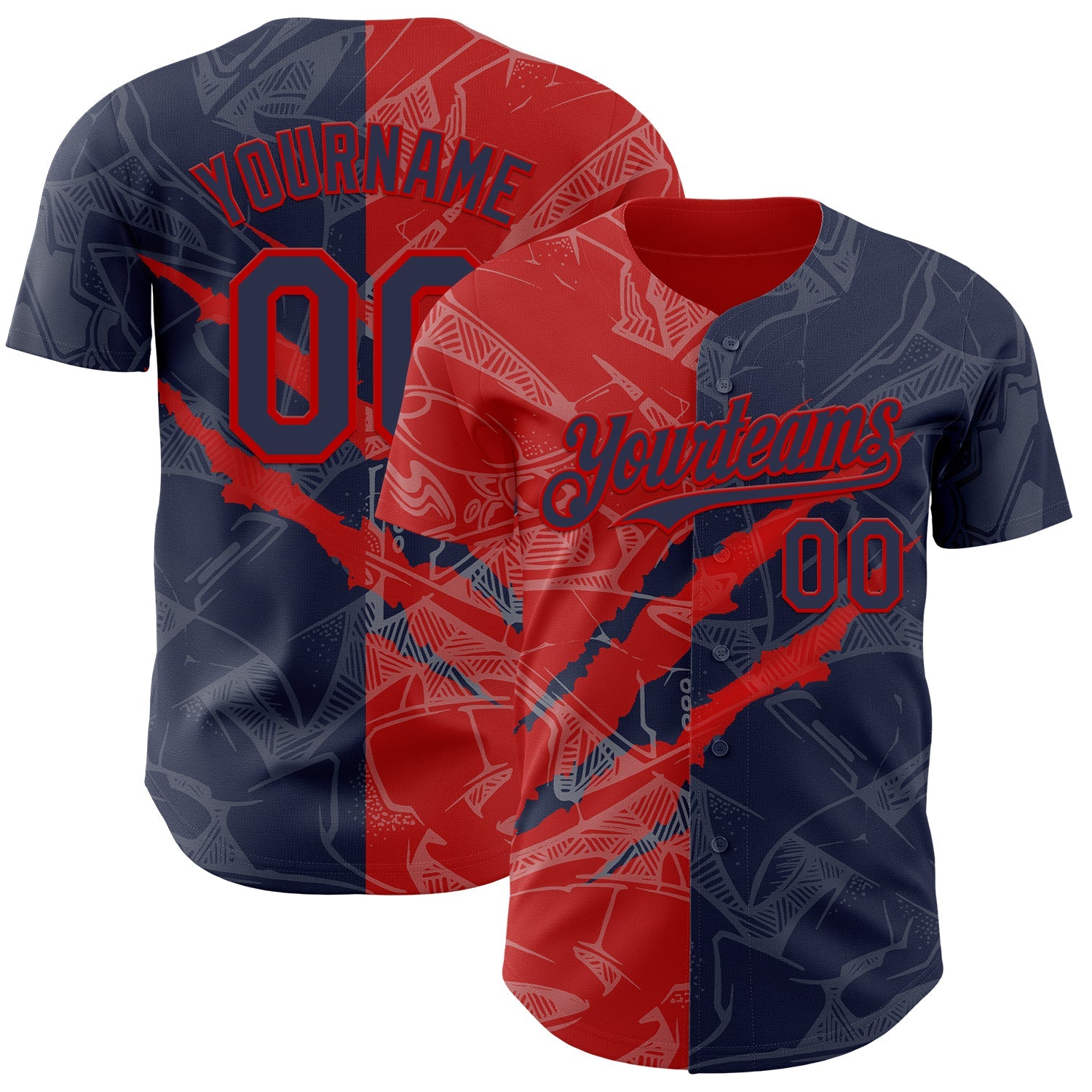 Custom Graffiti Pattern Navy-Red 3D Scratch Authentic Baseball Jersey - Main View