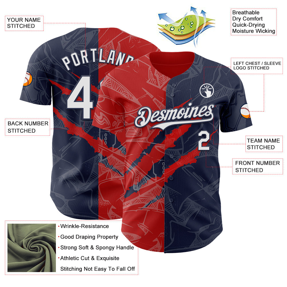Custom Graffiti Pattern White Navy-Red 3D Scratch Authentic Baseball Jersey view 3