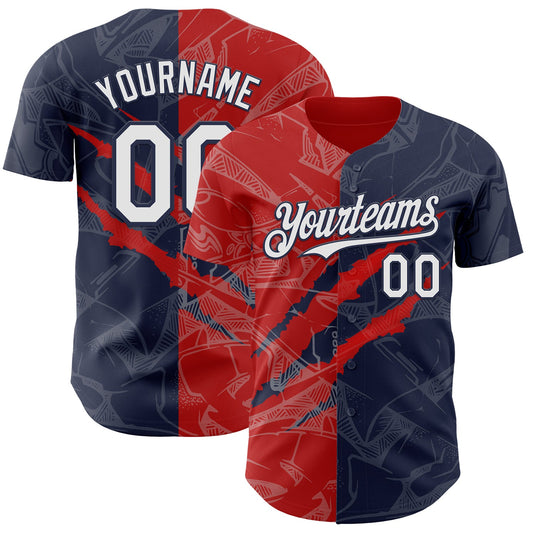 Custom Graffiti Pattern White Navy-Red 3D Scratch Authentic Baseball Jersey - Main View