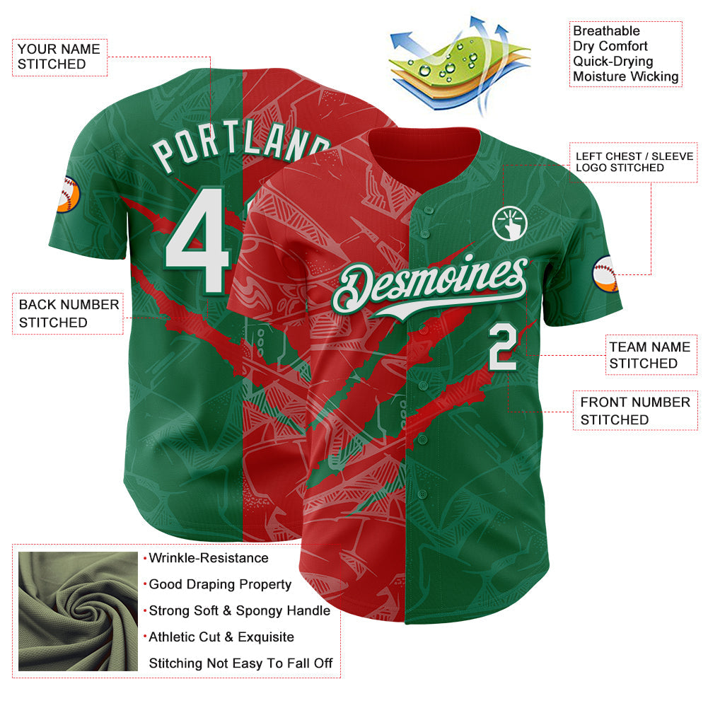 Custom Graffiti Pattern White Kelly Green-Red 3D Scratch Authentic Baseball Jersey view 3