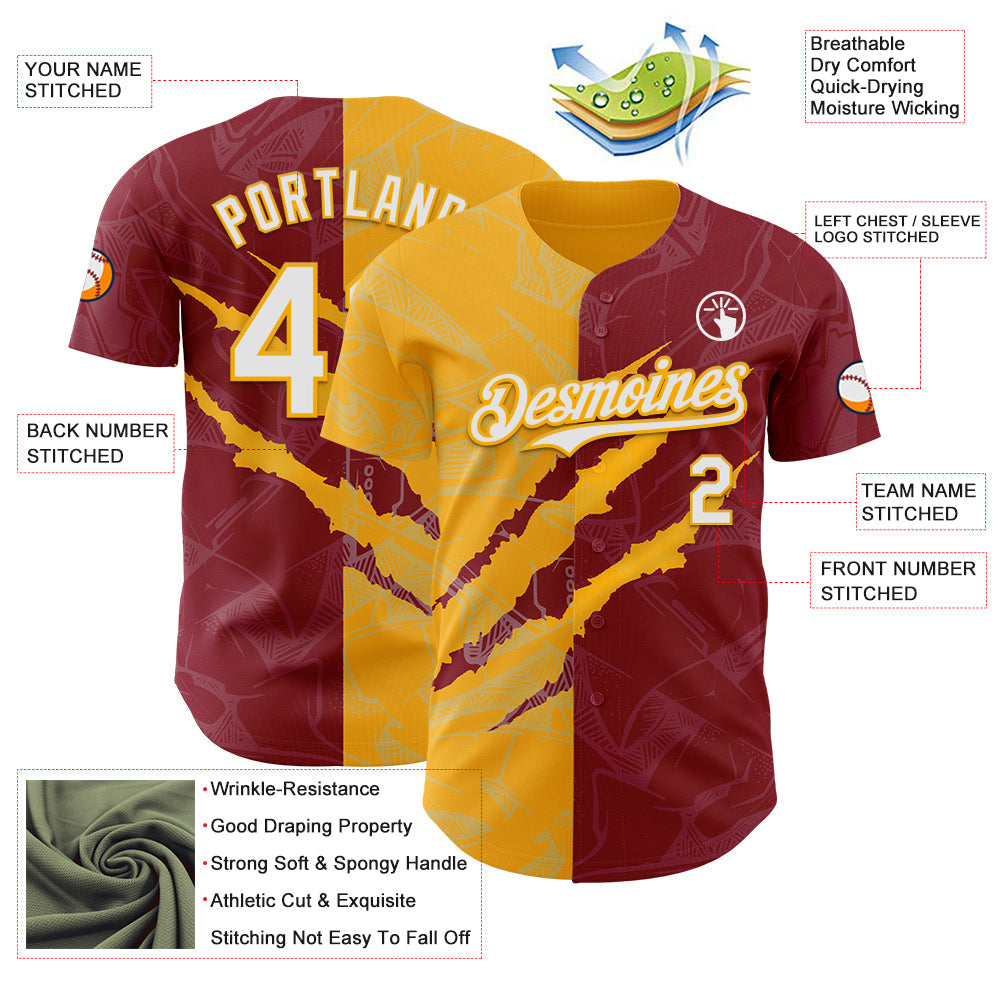 Custom Graffiti Pattern White Crimson-Gold 3D Scratch Authentic Baseball Jersey view 3