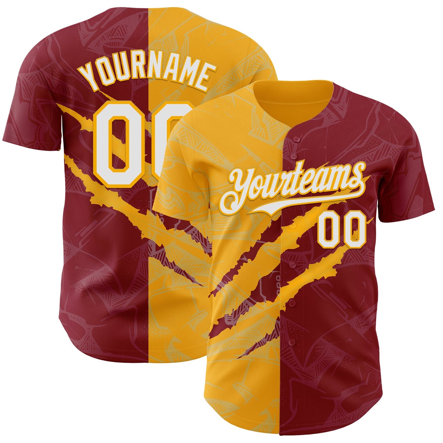 Custom Graffiti Pattern White Crimson-Gold 3D Scratch Authentic Baseball Jersey - Main View