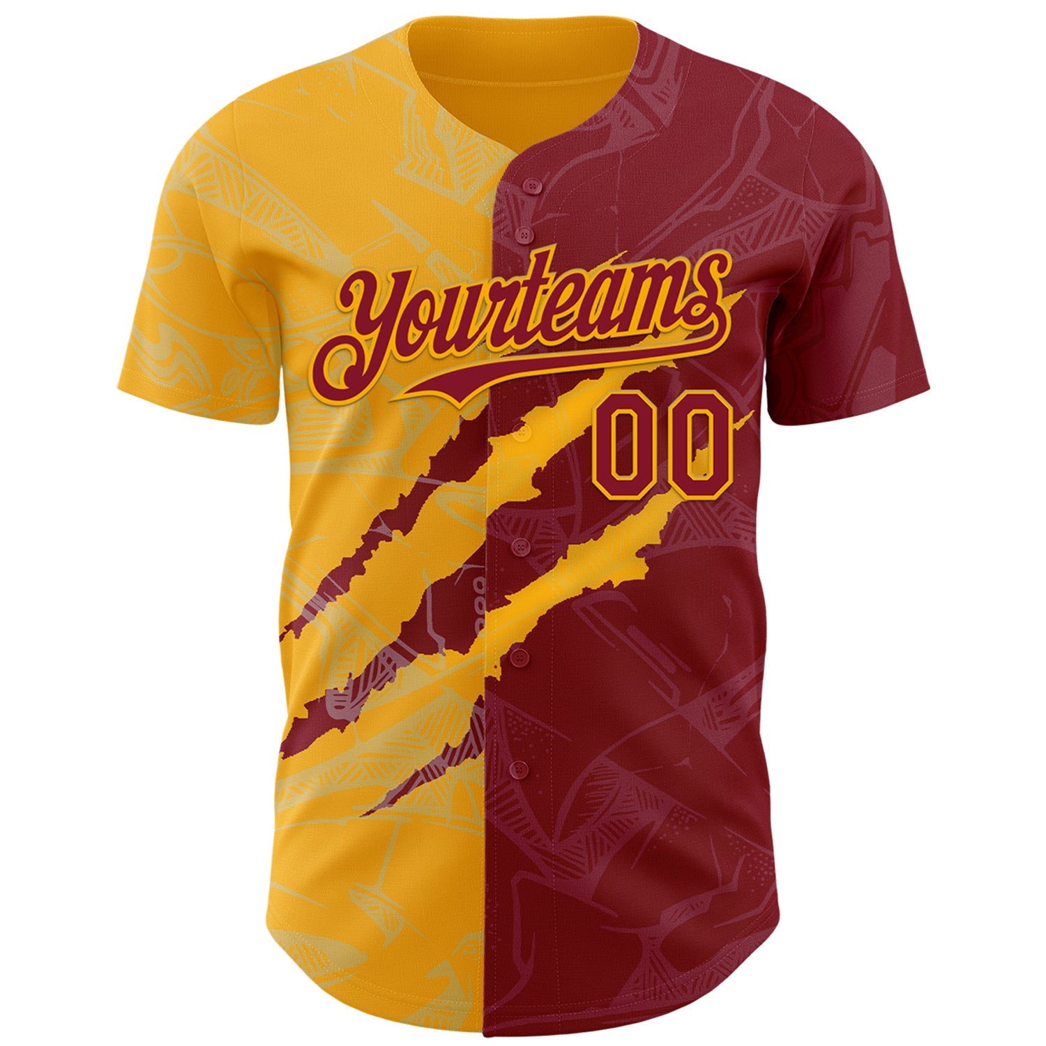 Custom Graffiti Pattern Crimson-Gold 3D Scratch Authentic Baseball Jersey view 2