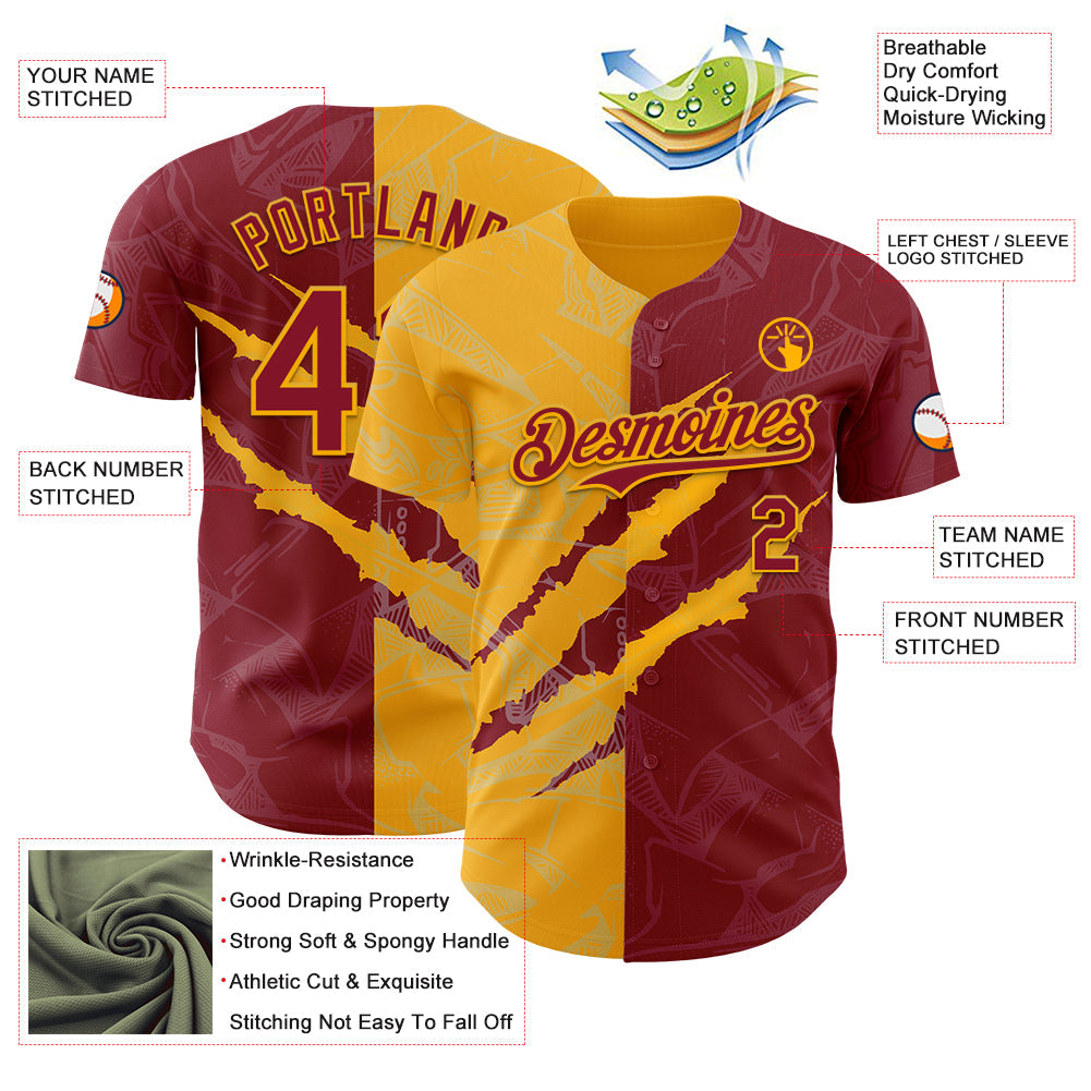 Custom Graffiti Pattern Crimson-Gold 3D Scratch Authentic Baseball Jersey view 3