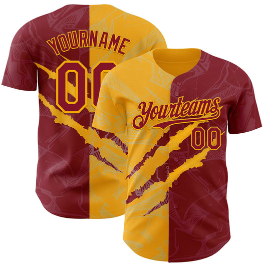 Custom Graffiti Pattern Crimson-Gold 3D Scratch Authentic Baseball Jersey - Main View