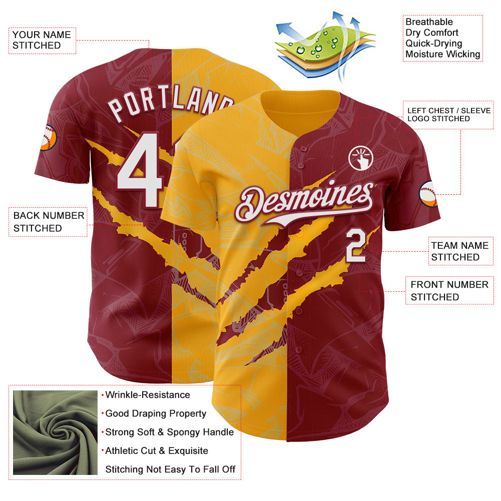Custom Graffiti Pattern White Crimson-Gold 3D Scratch Authentic Baseball Jersey view 3