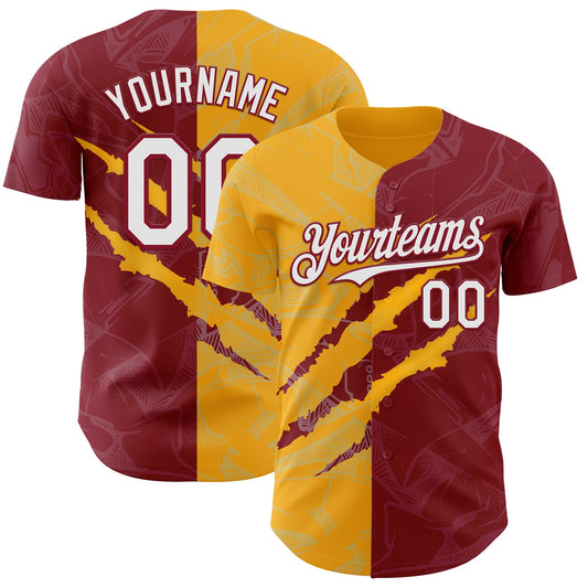 Custom Graffiti Pattern White Crimson-Gold 3D Scratch Authentic Baseball Jersey - Main View