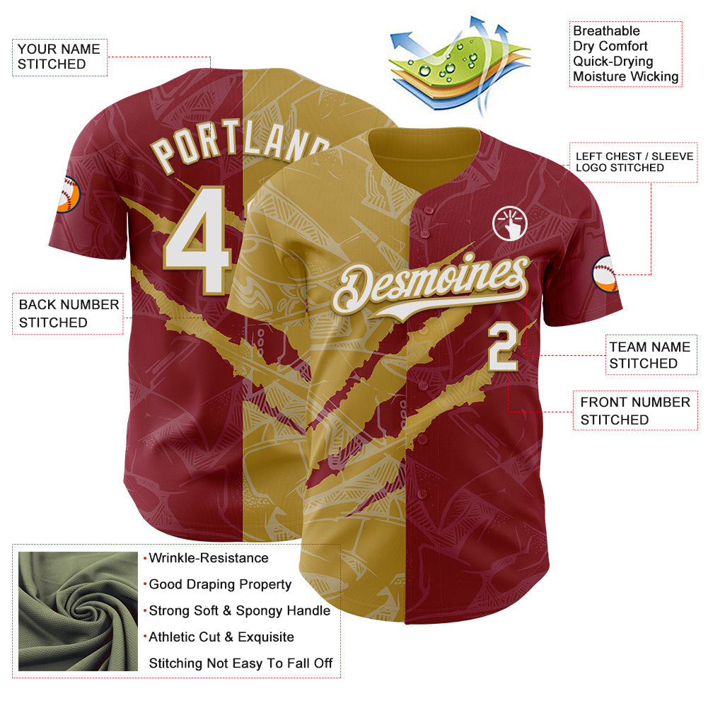 Custom Graffiti Pattern White Crimson-Old Gold 3D Scratch Authentic Baseball Jersey view 3