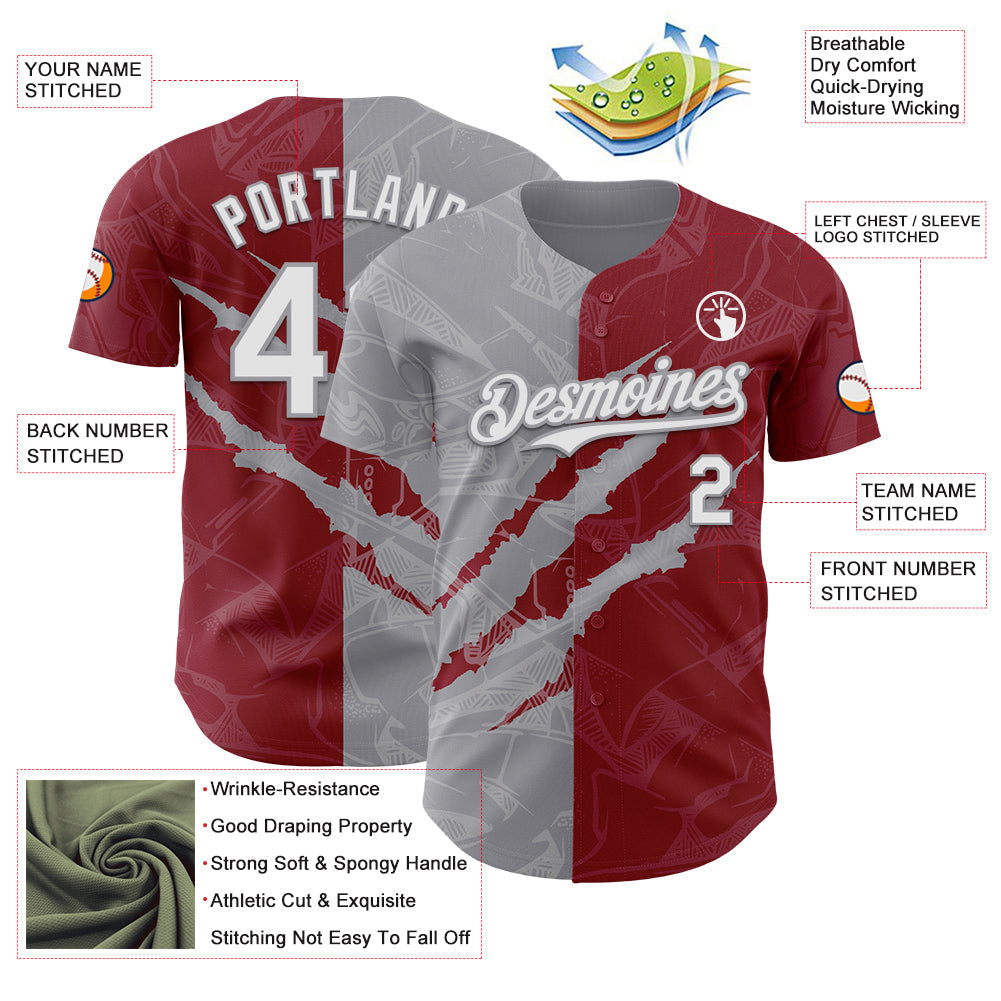 Custom Graffiti Pattern White Crimson-Gray 3D Scratch Authentic Baseball Jersey view 3