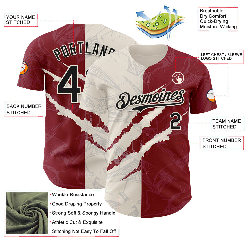 Custom Graffiti Pattern Black Crimson-Cream 3D Scratch Authentic Baseball Jersey view 3
