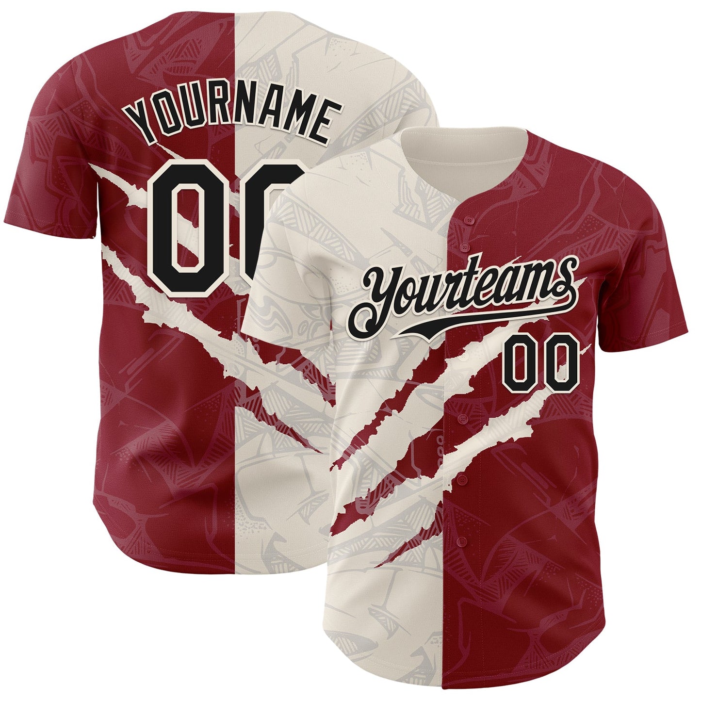 Custom Graffiti Pattern Black Crimson-Cream 3D Scratch Authentic Baseball Jersey - Main View