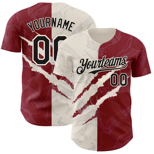 Custom Graffiti Pattern Black Crimson-Cream 3D Scratch Authentic Baseball Jersey - Main View