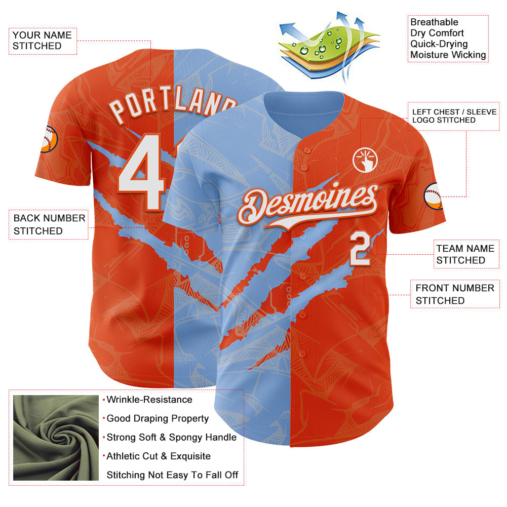 Custom Graffiti Pattern White Orange-Light Blue 3D Scratch Authentic Baseball Jersey view 3