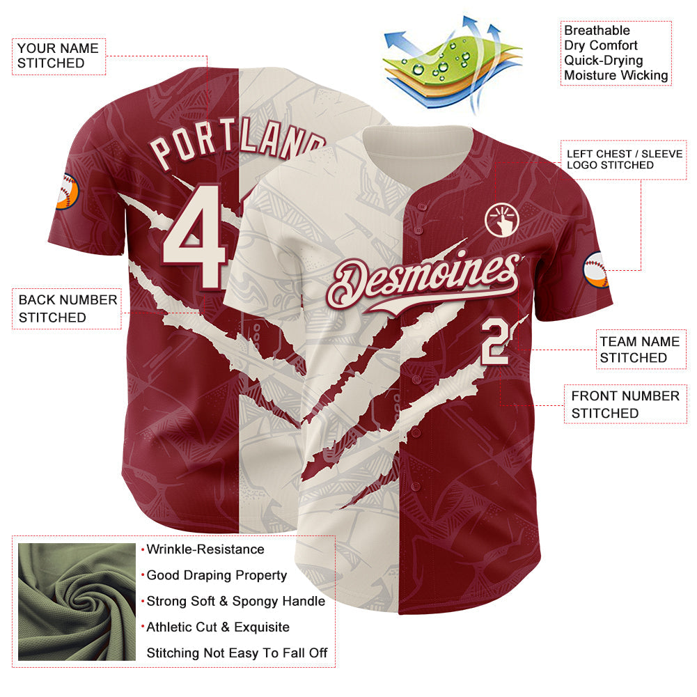 Custom Graffiti Pattern Cream-Crimson 3D Scratch Authentic Baseball Jersey view 3