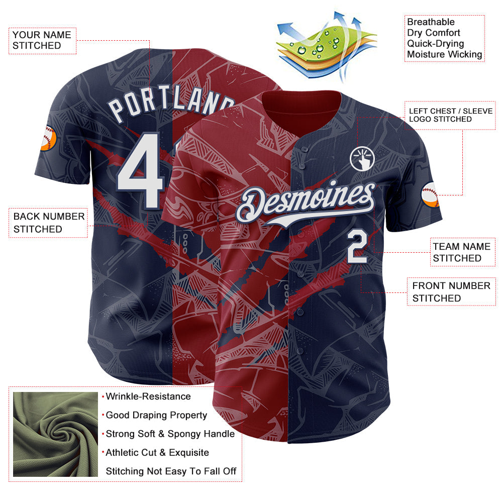 Custom Graffiti Pattern White Navy-Crimson 3D Scratch Authentic Baseball Jersey view 3