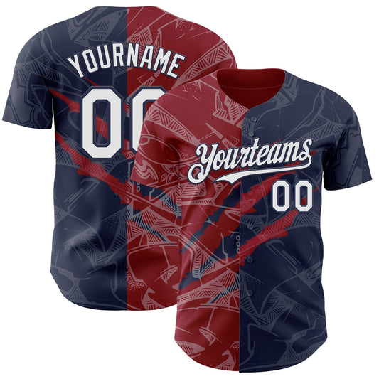 Custom Graffiti Pattern White Navy-Crimson 3D Scratch Authentic Baseball Jersey - Main View