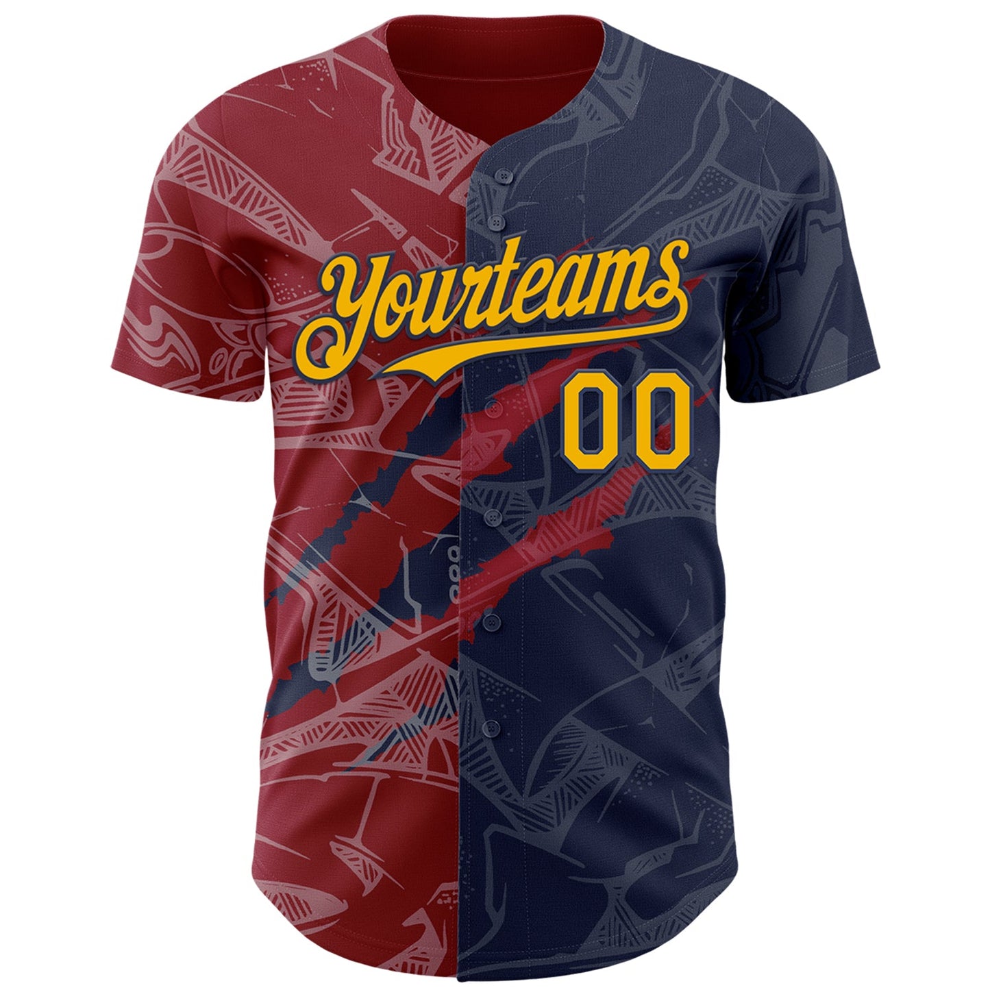 Custom Graffiti Pattern Gold Navy-Crimson 3D Scratch Authentic Baseball Jersey view 2