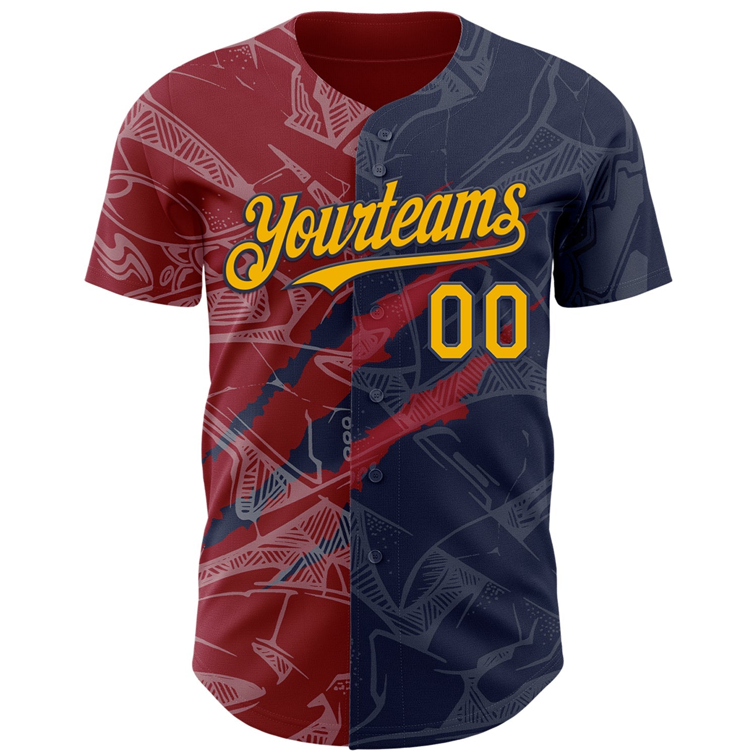 Custom Graffiti Pattern Gold Navy-Crimson 3D Scratch Authentic Baseball Jersey view 2