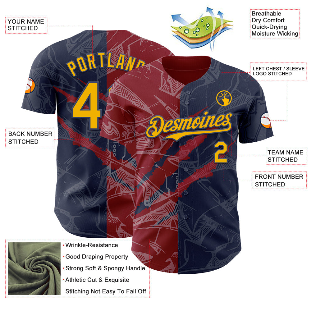 Custom Graffiti Pattern Gold Navy-Crimson 3D Scratch Authentic Baseball Jersey view 3