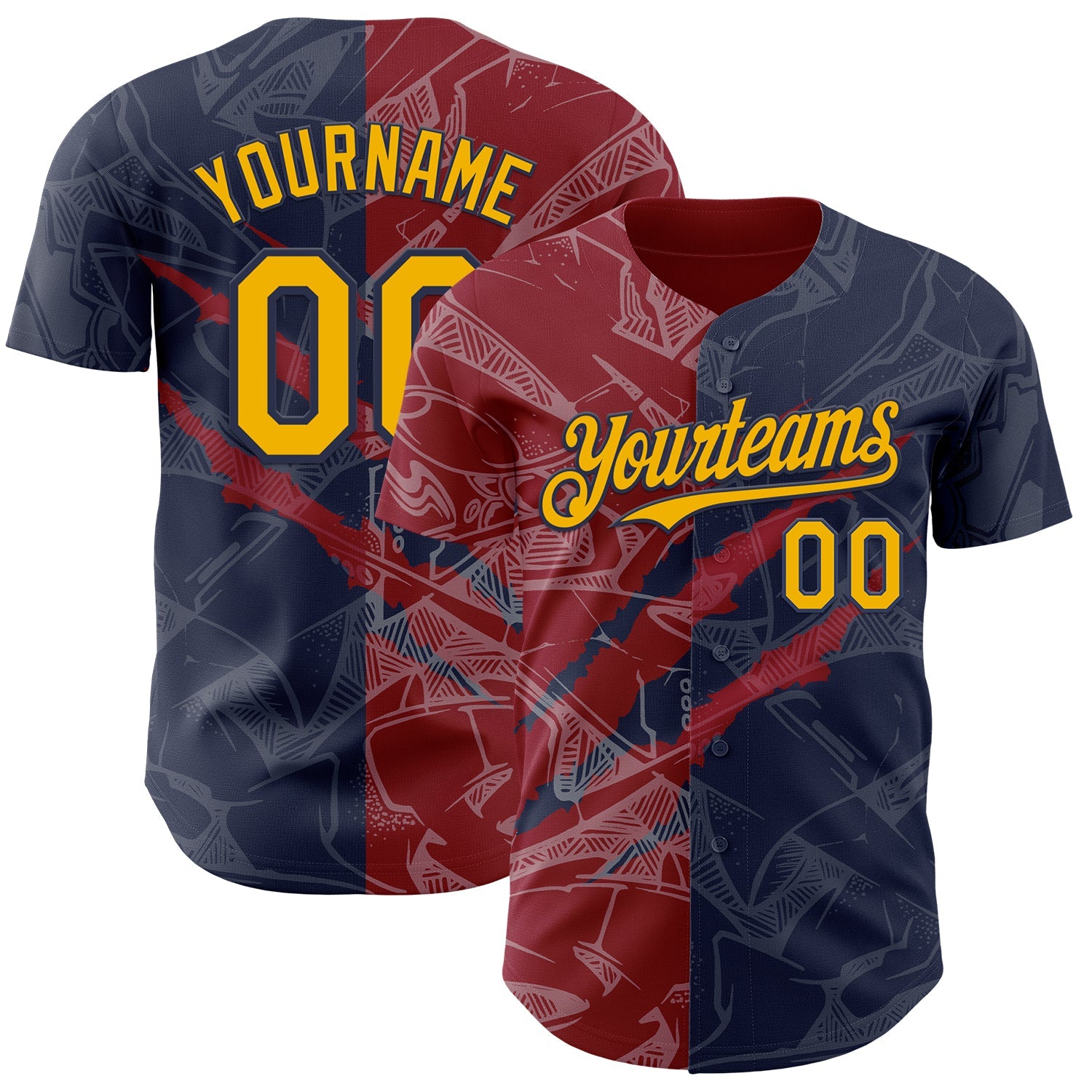 Custom Graffiti Pattern Gold Navy-Crimson 3D Scratch Authentic Baseball Jersey - Main View