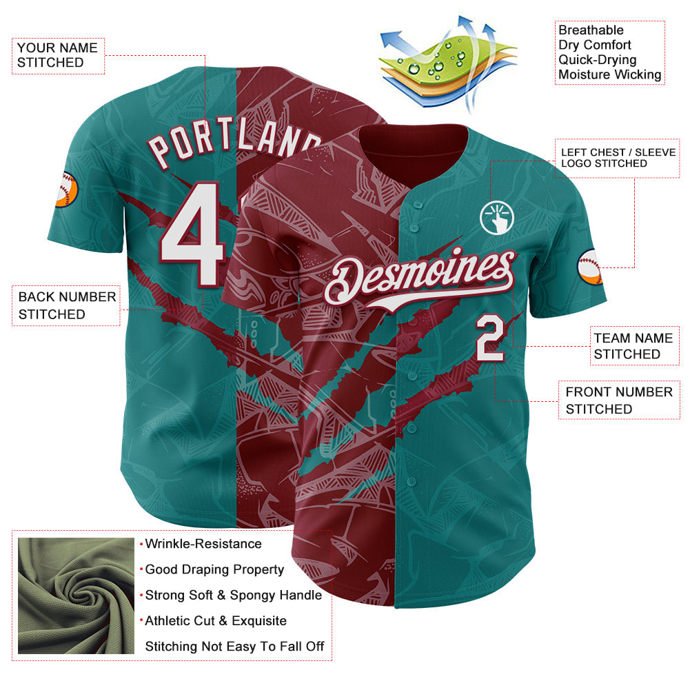 Custom Graffiti Pattern White Teal-Crimson 3D Scratch Authentic Baseball Jersey view 3