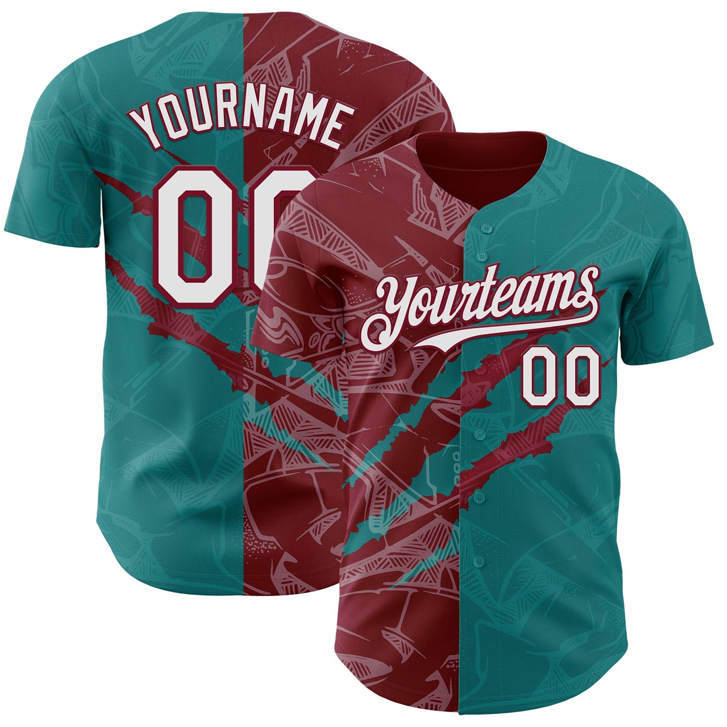 Custom Graffiti Pattern White Teal-Crimson 3D Scratch Authentic Baseball Jersey - Main View