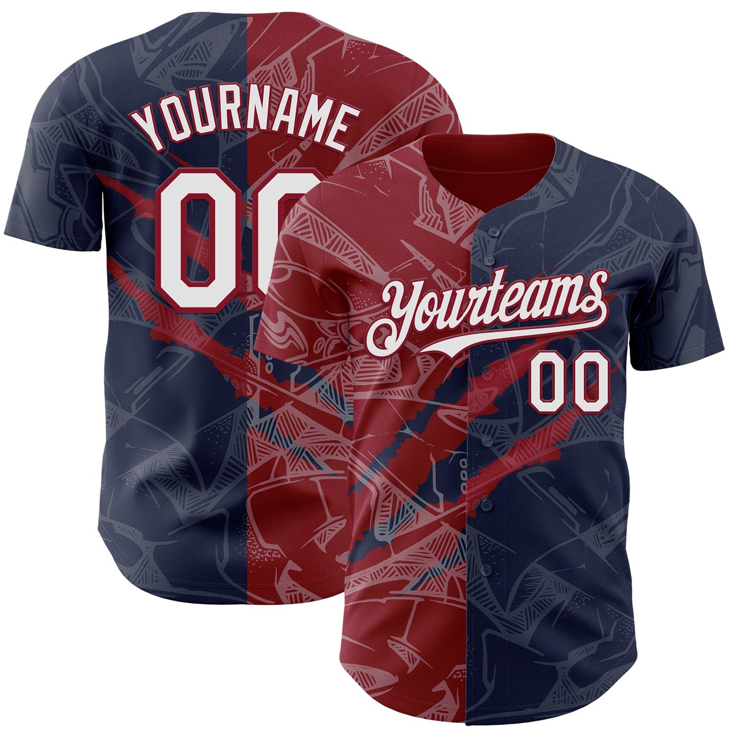 Custom Graffiti Pattern White Navy-Crimson 3D Scratch Authentic Baseball Jersey - Main View