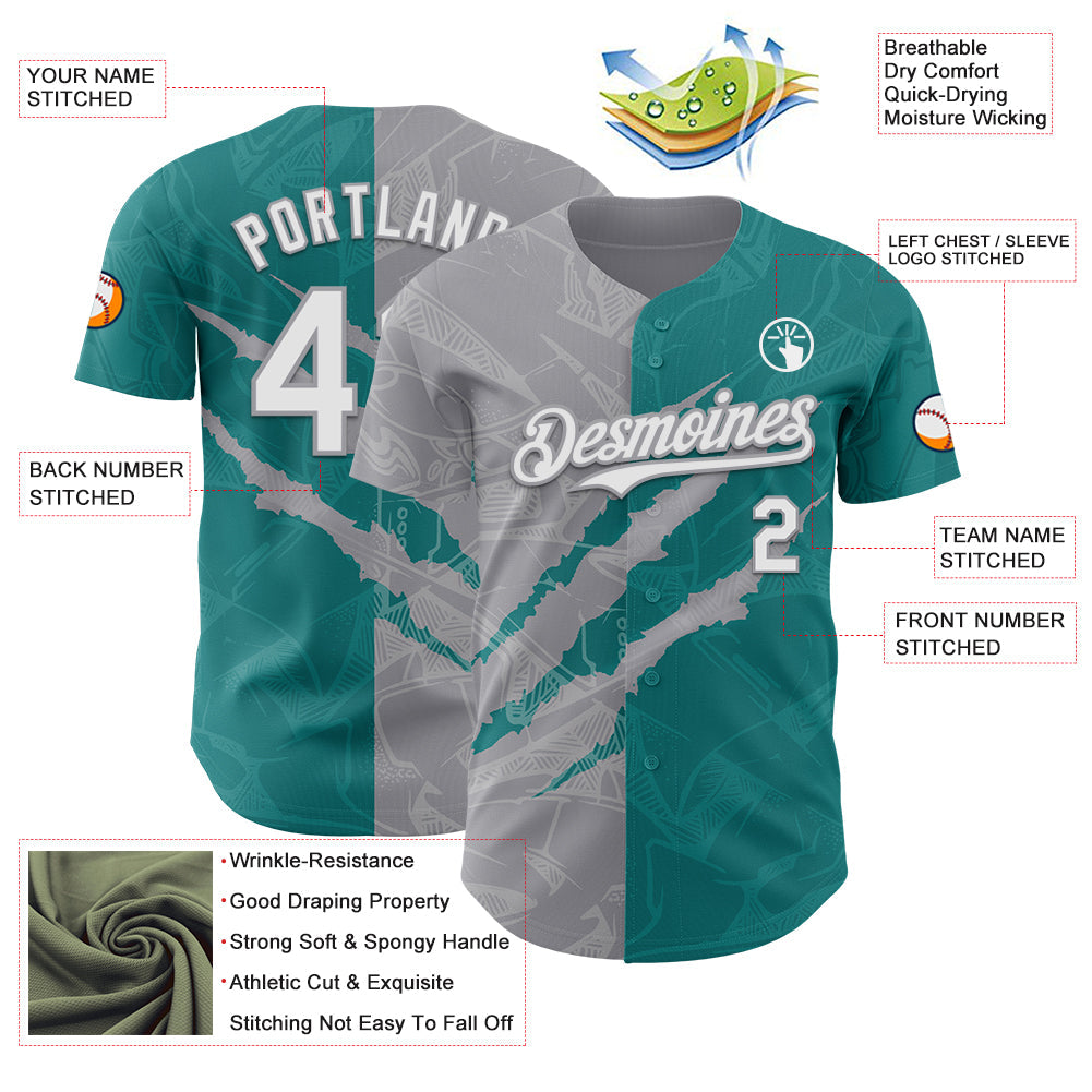 Custom Graffiti Pattern White Teal-Gray 3D Scratch Authentic Baseball Jersey view 3