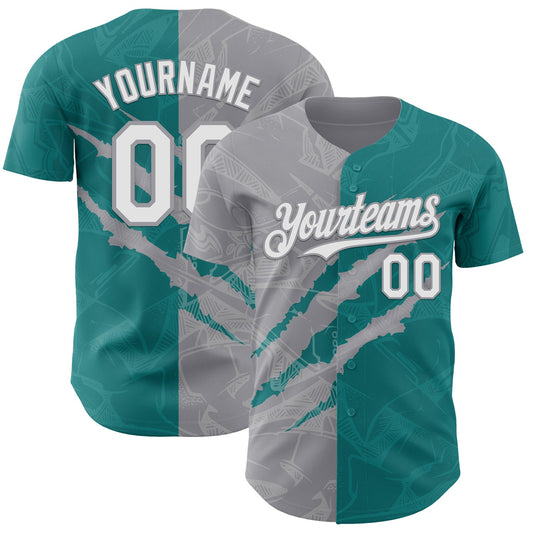 Custom Graffiti Pattern White Teal-Gray 3D Scratch Authentic Baseball Jersey - Main View