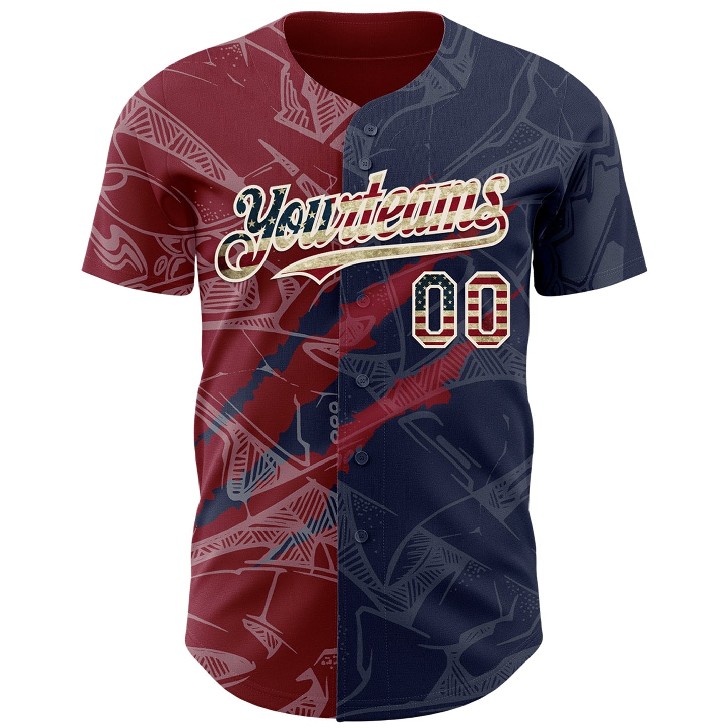 Custom Graffiti Pattern Vintage USA Flag Navy Crimson-Cream 3D Scratch Authentic Baseball Jersey view 2