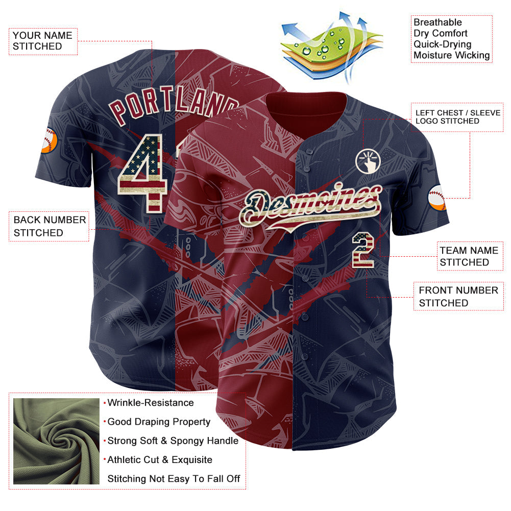 Custom Graffiti Pattern Vintage USA Flag Navy Crimson-Cream 3D Scratch Authentic Baseball Jersey view 3