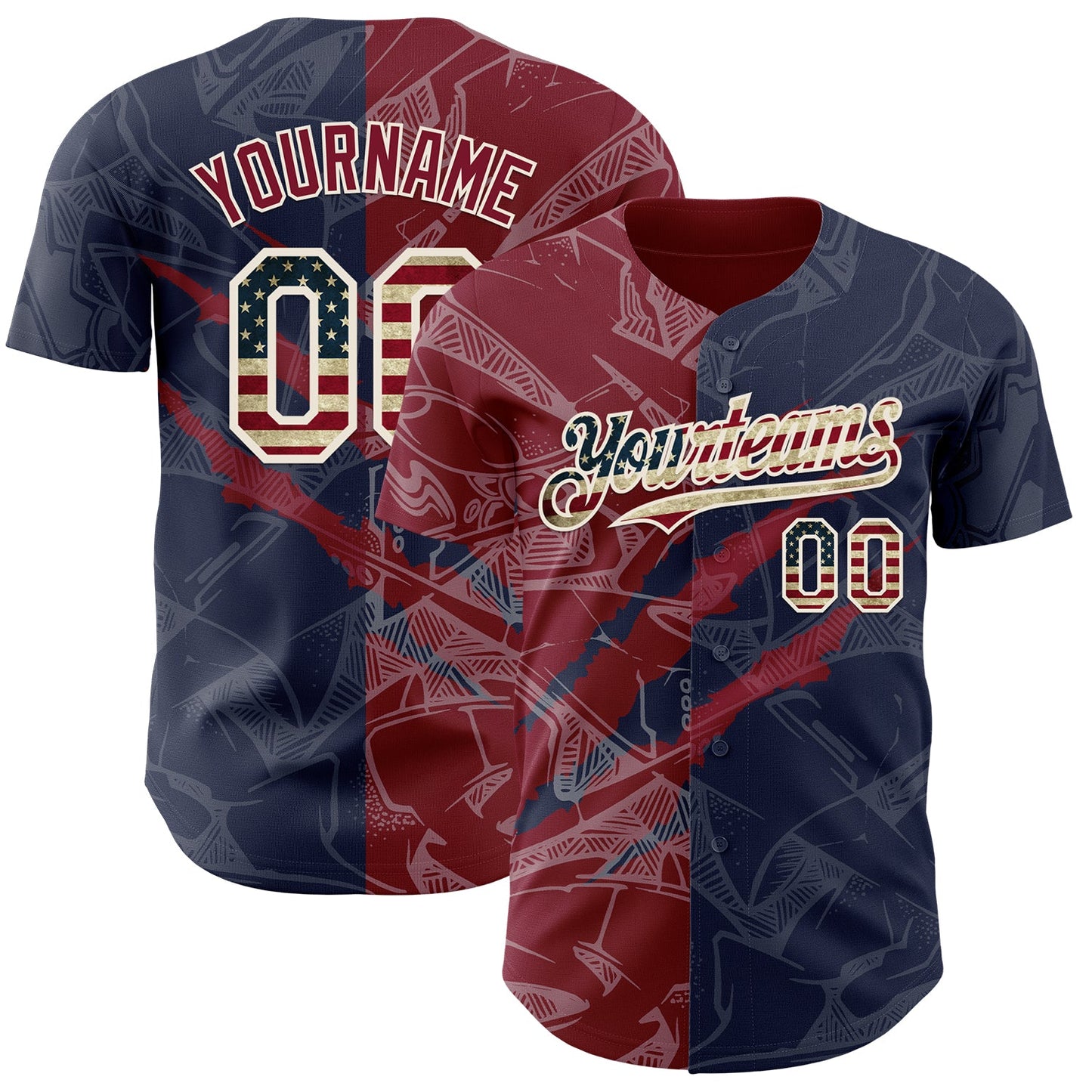 Custom Graffiti Pattern Vintage USA Flag Navy Crimson-Cream 3D Scratch Authentic Baseball Jersey - Main View