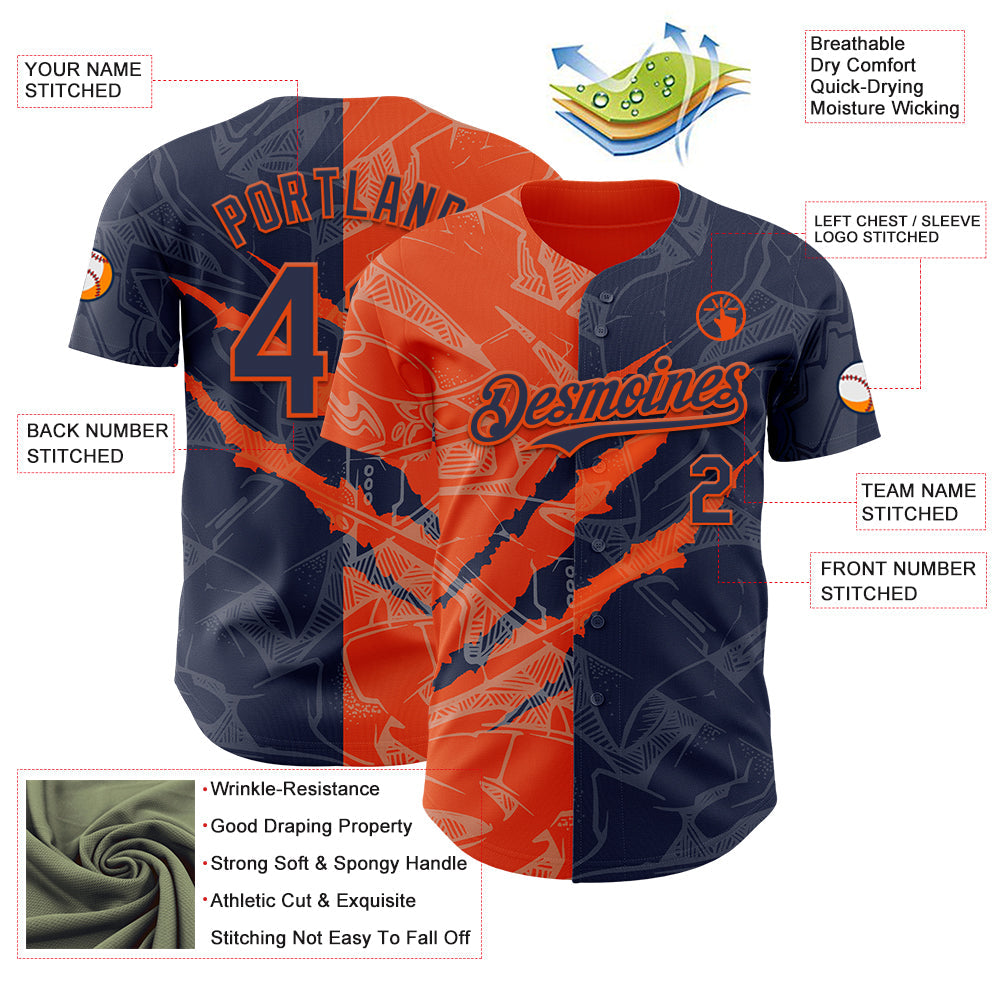 Custom Graffiti Pattern Navy-Orange 3D Scratch Authentic Baseball Jersey view 3