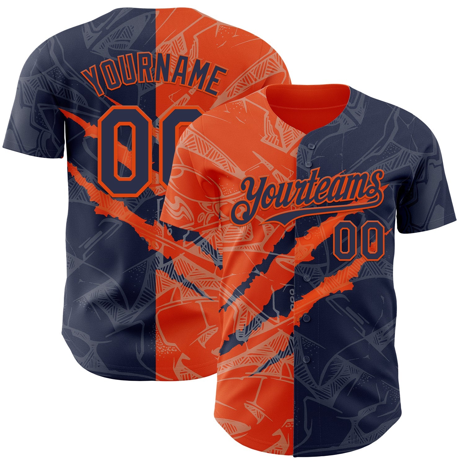 Custom Graffiti Pattern Navy-Orange 3D Scratch Authentic Baseball Jersey - Main View