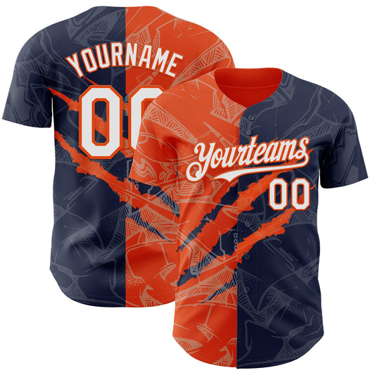 Custom Graffiti Pattern White Navy-Orange 3D Scratch Authentic Baseball Jersey - Main View